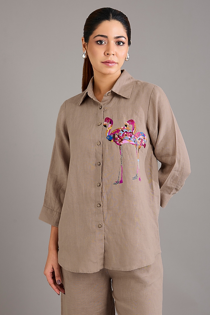 Khaki Linen Flamingo Embroidered Shirt by Linen Bloom at Pernia's Pop Up Shop
