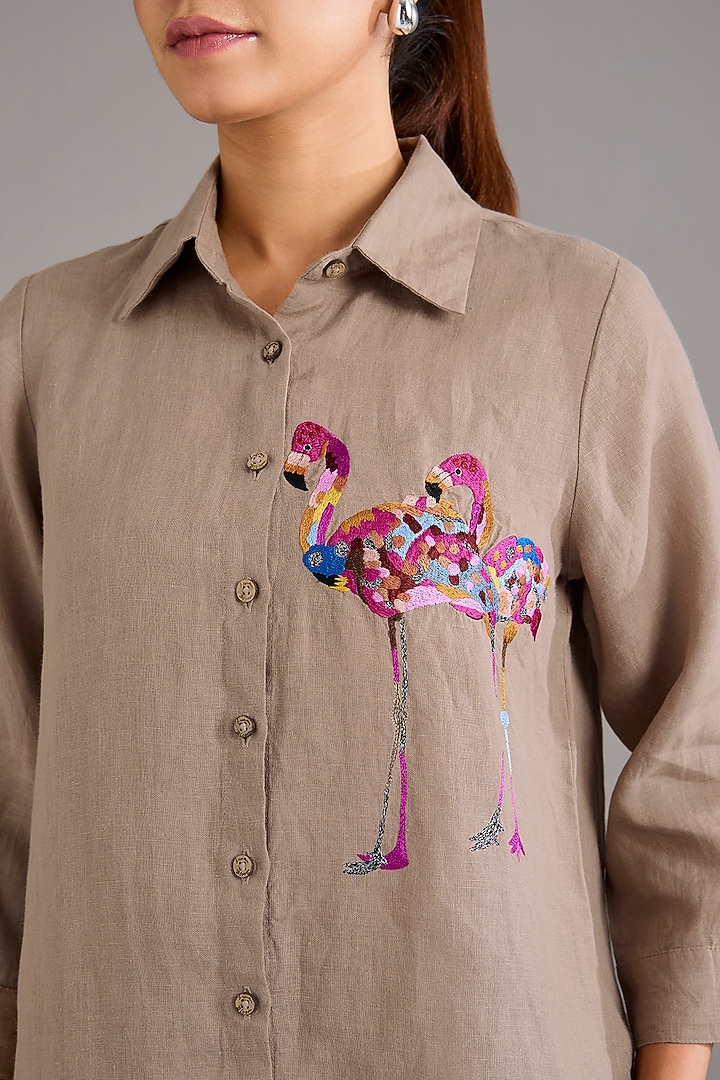 Khaki Linen Flamingo Embroidered Shirt by Linen Bloom at Pernia's Pop Up Shop
