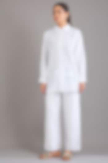 White Linen Abstract Embroidered Shirt by Linen Bloom at Pernia's Pop Up Shop