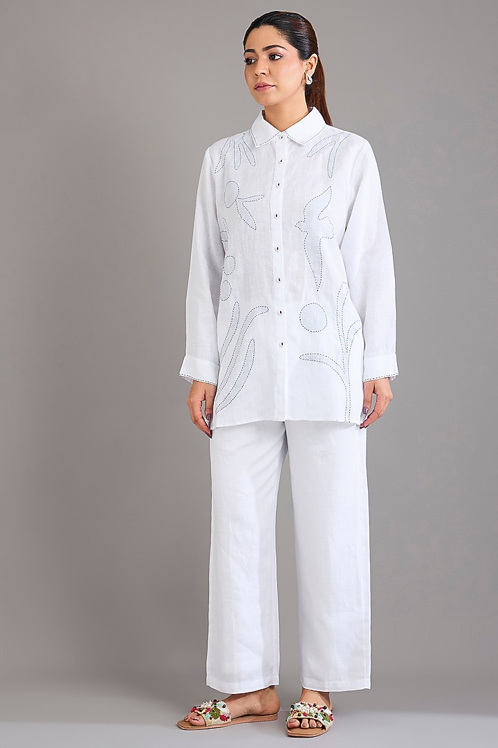 White Linen Abstract Embroidered Shirt by Linen Bloom at Pernia's Pop Up Shop