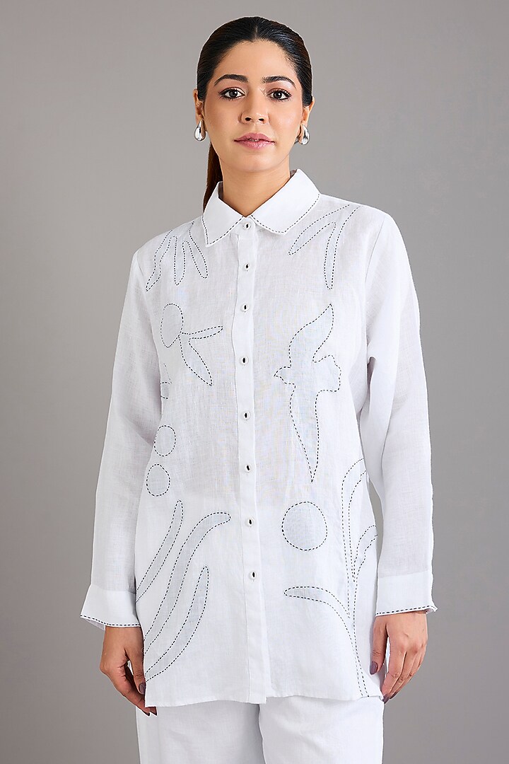 White Linen Abstract Embroidered Shirt by Linen Bloom at Pernia's Pop Up Shop