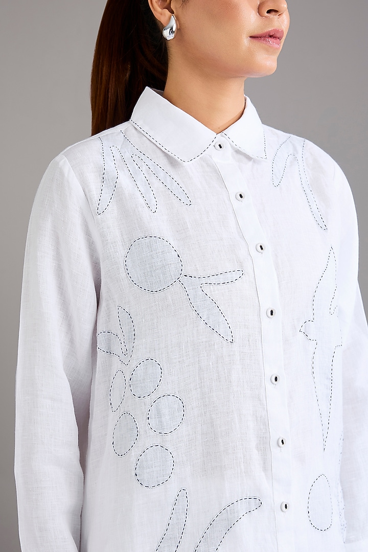 White Linen Abstract Embroidered Shirt by Linen Bloom at Pernia's Pop Up Shop