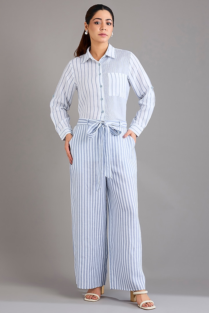 Blue Linen Pinstripe Embroidered Pants by Linen Bloom at Pernia's Pop Up Shop