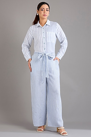 Blue Linen Pinstripe Embroidered Pants by Linen Bloom