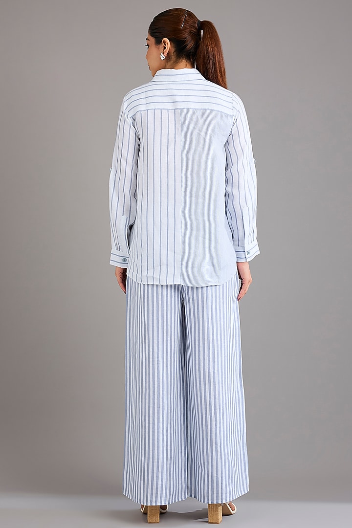 Blue Linen Pinstripe Embroidered Pants by Linen Bloom at Pernia's Pop Up Shop