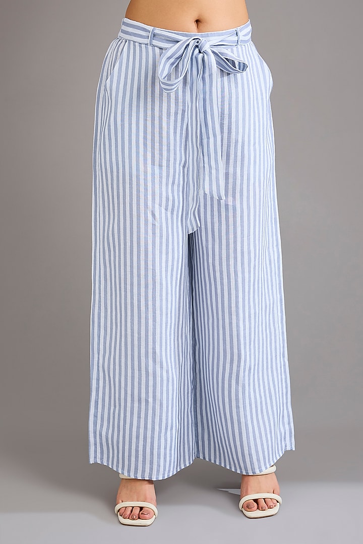 Blue Linen Pinstripe Embroidered Pants by Linen Bloom at Pernia's Pop Up Shop