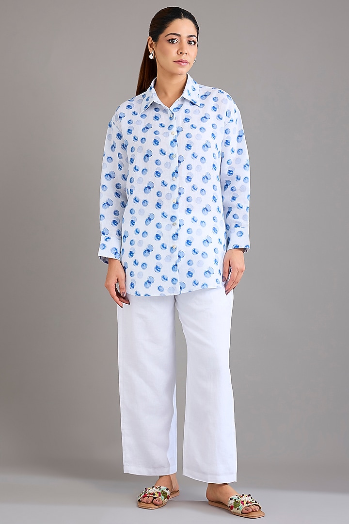 White Linen Polka Dot Printed Shirt by Linen Bloom at Pernia's Pop Up Shop