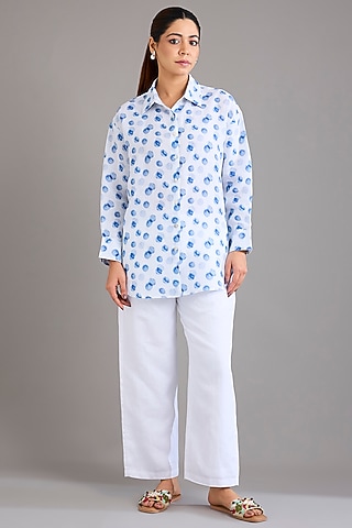 White Linen Polka Dot Printed Shirt by Linen Bloom