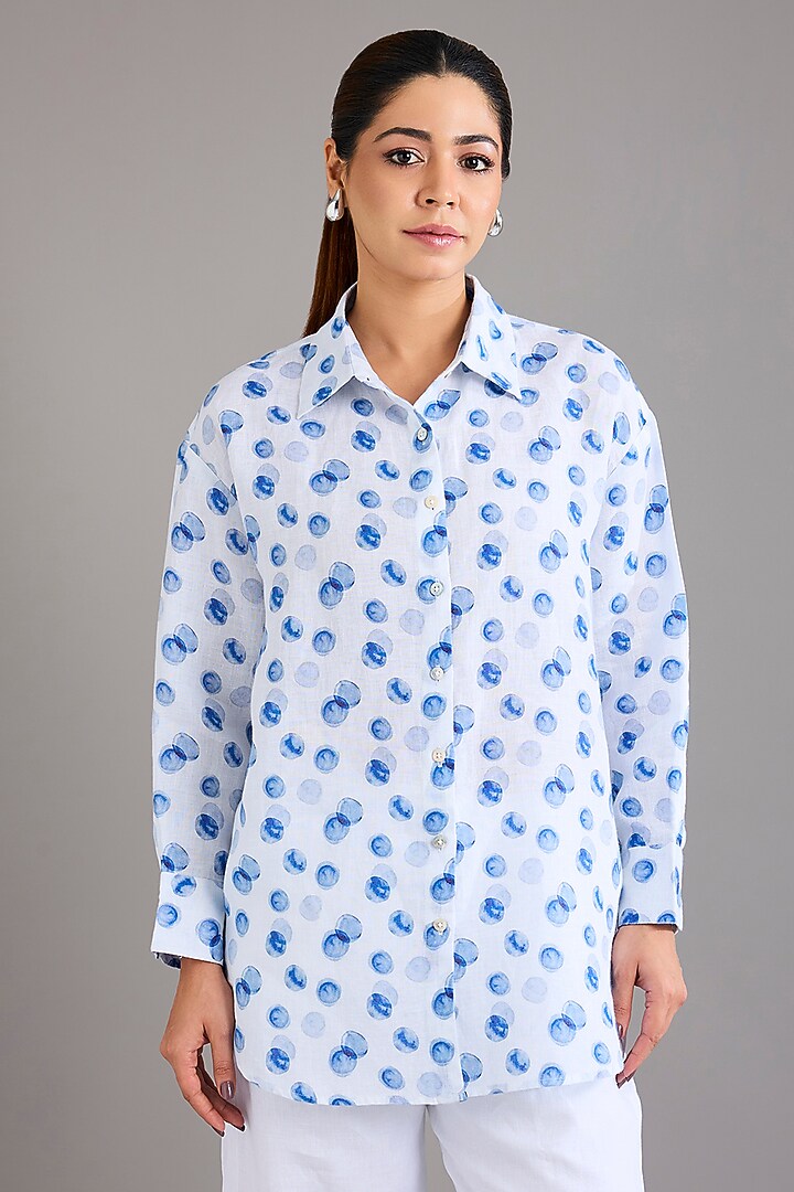 White Linen Polka Dot Printed Shirt by Linen Bloom at Pernia's Pop Up Shop