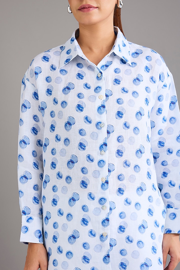 White Linen Polka Dot Printed Shirt by Linen Bloom at Pernia's Pop Up Shop