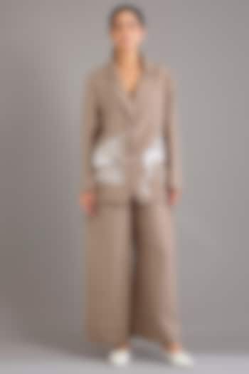 Khaki Linen Embroidered Blazer Set by Linen Bloom at Pernia's Pop Up Shop