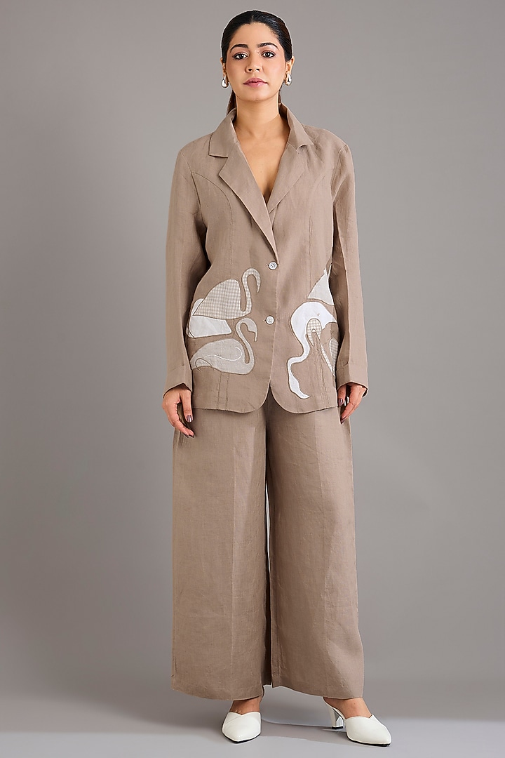 Khaki Linen Embroidered Blazer Set by Linen Bloom at Pernia's Pop Up Shop