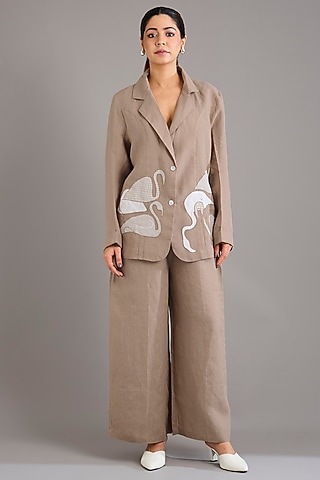 Khaki Linen Embroidered Blazer Set by Linen Bloom