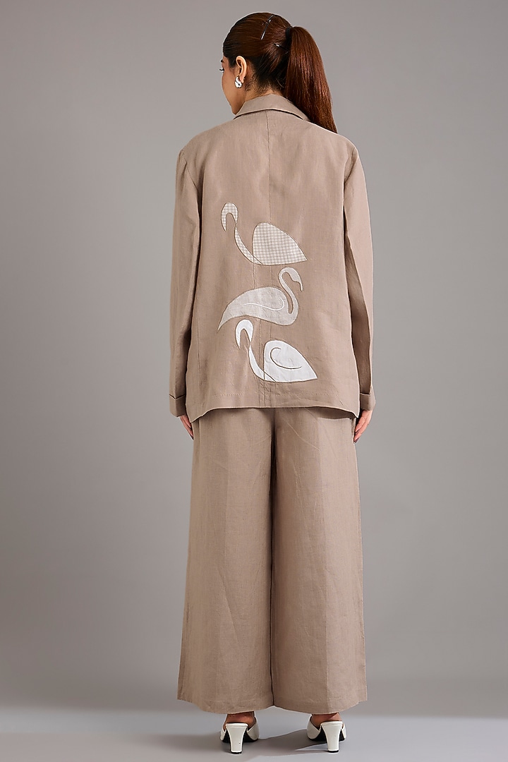 Khaki Linen Embroidered Blazer Set by Linen Bloom at Pernia's Pop Up Shop