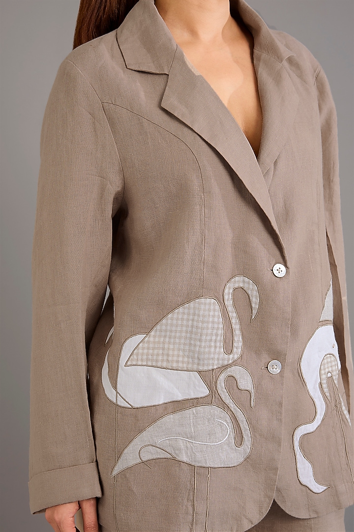 Khaki Linen Embroidered Blazer Set by Linen Bloom at Pernia's Pop Up Shop
