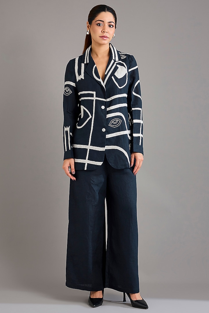 Navy Blue Linen Embroidered Blazer by Linen Bloom at Pernia's Pop Up Shop
