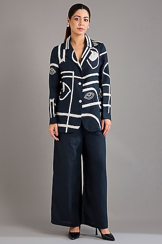 Navy Blue Linen Embroidered Blazer by Linen Bloom