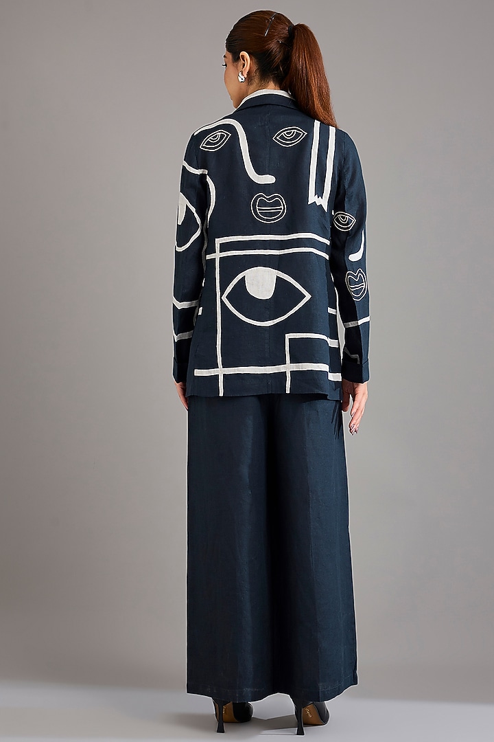 Navy Blue Linen Embroidered Blazer by Linen Bloom at Pernia's Pop Up Shop