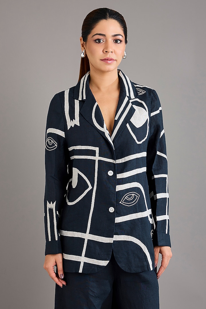 Navy Blue Linen Embroidered Blazer by Linen Bloom at Pernia's Pop Up Shop