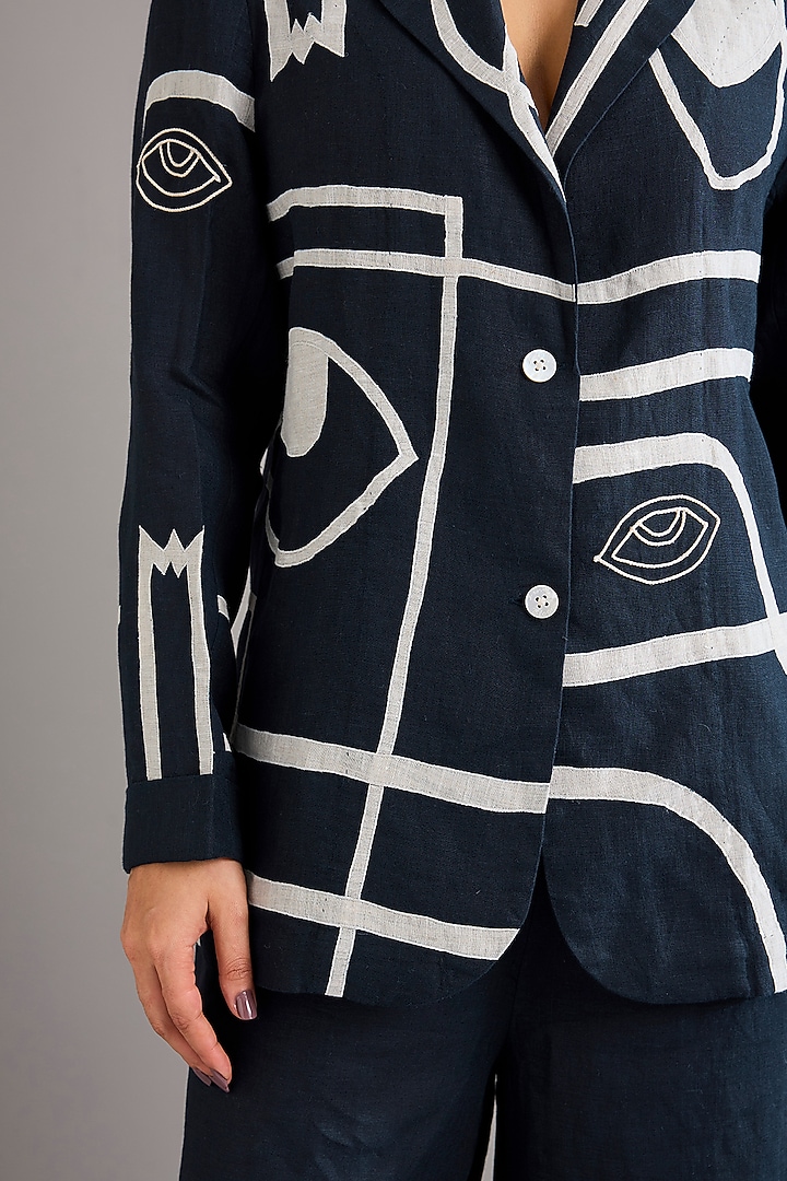 Navy Blue Linen Embroidered Blazer by Linen Bloom at Pernia's Pop Up Shop