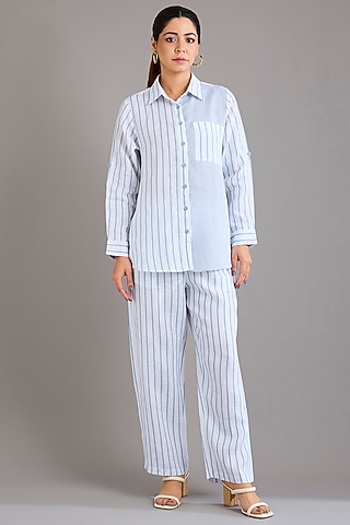Cool Blue Linen Stripe Printed Shirt by Linen Bloom