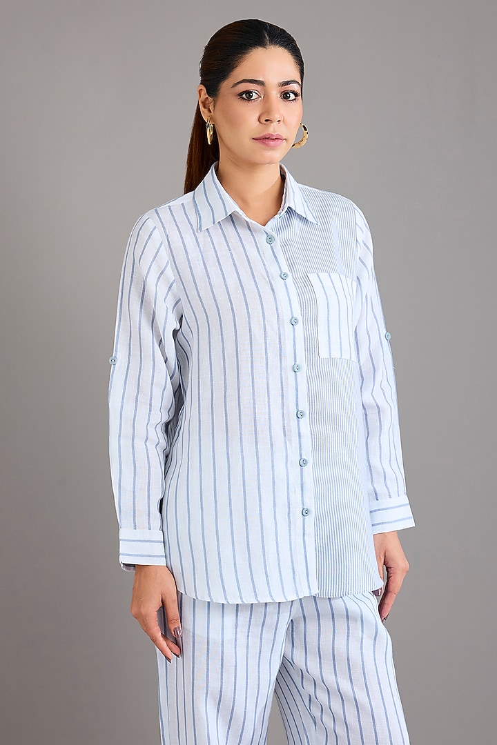 Cool Blue Linen Stripe Printed Shirt by Linen Bloom at Pernia's Pop Up Shop