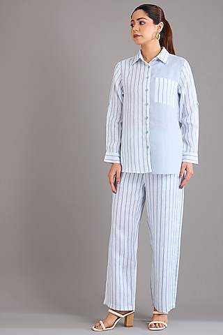 Cool Blue Linen Stripe Printed Pants by Linen Bloom