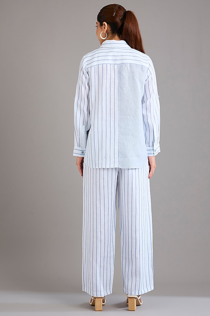 Cool Blue Linen Stripe Printed Pants by Linen Bloom at Pernia's Pop Up Shop
