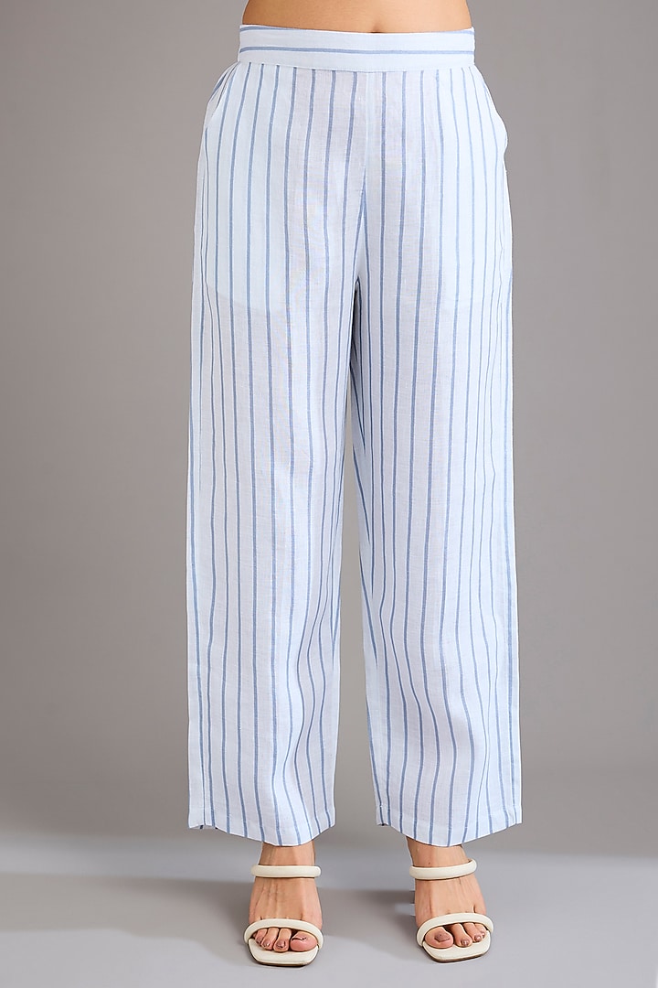Cool Blue Linen Stripe Printed Pants by Linen Bloom at Pernia's Pop Up Shop