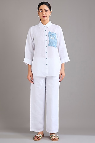 White Linen Denim Kitty Embroidered Shirt by Linen Bloom