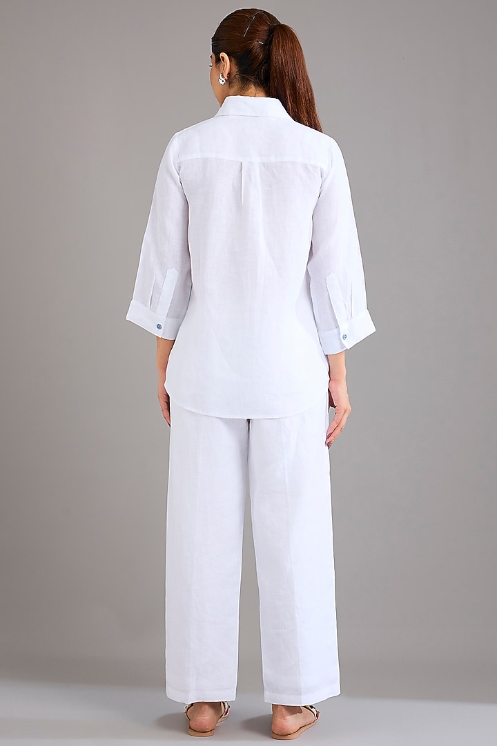 White Linen Denim Kitty Embroidered Shirt by Linen Bloom at Pernia's Pop Up Shop