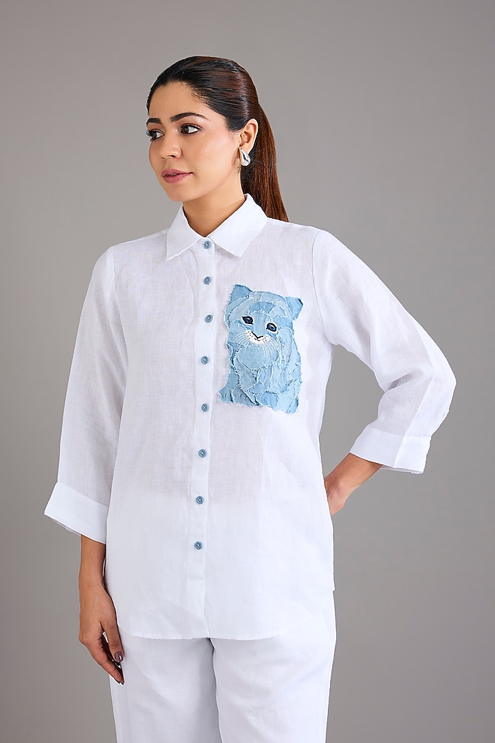 White Linen Denim Kitty Embroidered Shirt by Linen Bloom at Pernia's Pop Up Shop
