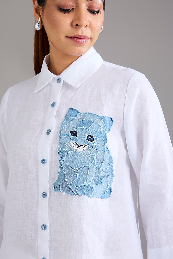 White Linen Denim Kitty Embroidered Shirt by Linen Bloom at Pernia's Pop Up Shop