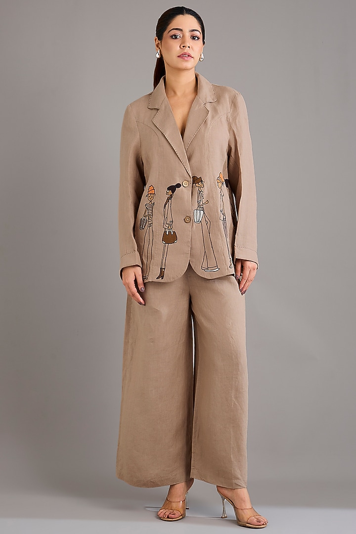 Khaki Linen Doodle Embroidered Blazer by Linen Bloom at Pernia's Pop Up Shop