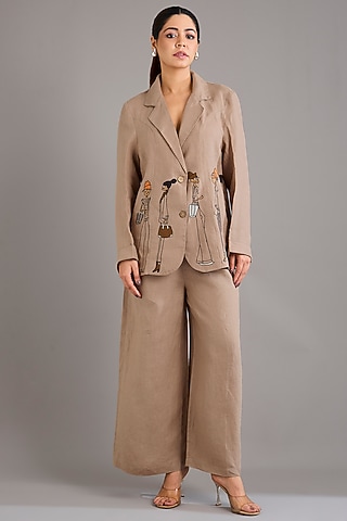 Khaki Linen Doodle Embroidered Blazer by Linen Bloom