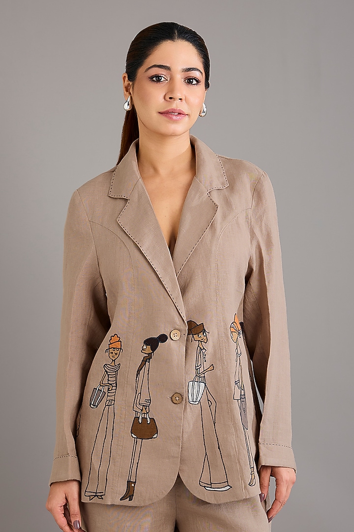 Khaki Linen Doodle Embroidered Blazer by Linen Bloom at Pernia's Pop Up Shop