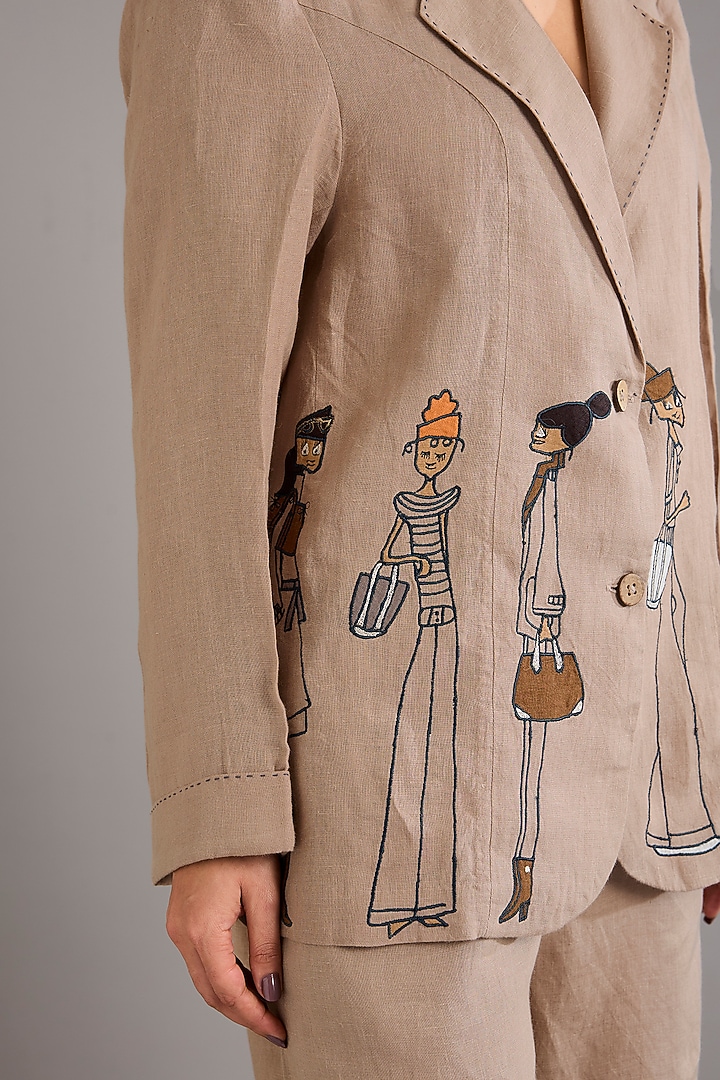 Khaki Linen Doodle Embroidered Blazer by Linen Bloom at Pernia's Pop Up Shop