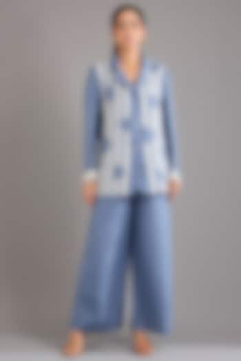 Mid Blue Linen Circle Embroidered Blazer by Linen Bloom at Pernia's Pop Up Shop
