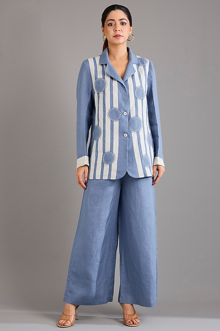 Mid Blue Linen Circle Embroidered Blazer by Linen Bloom at Pernia's Pop Up Shop
