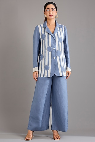 Mid Blue Linen Circle Embroidered Blazer by Linen Bloom