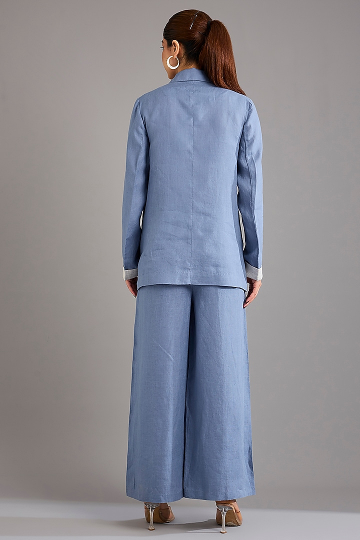 Mid Blue Linen Circle Embroidered Blazer by Linen Bloom at Pernia's Pop Up Shop