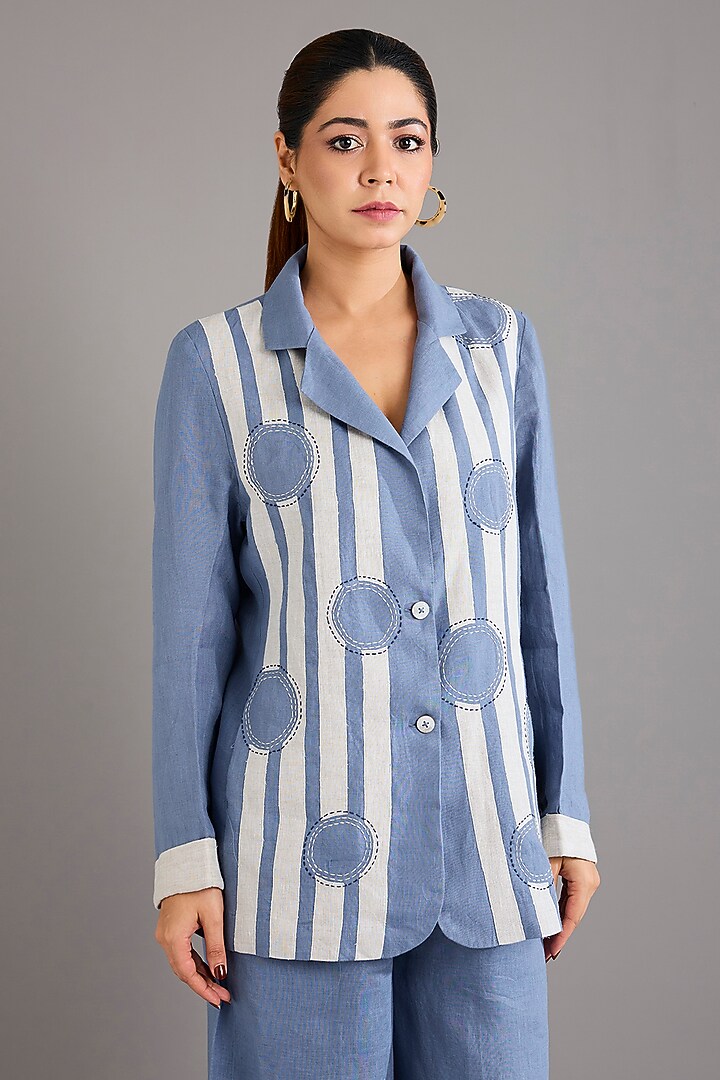 Mid Blue Linen Circle Embroidered Blazer by Linen Bloom at Pernia's Pop Up Shop