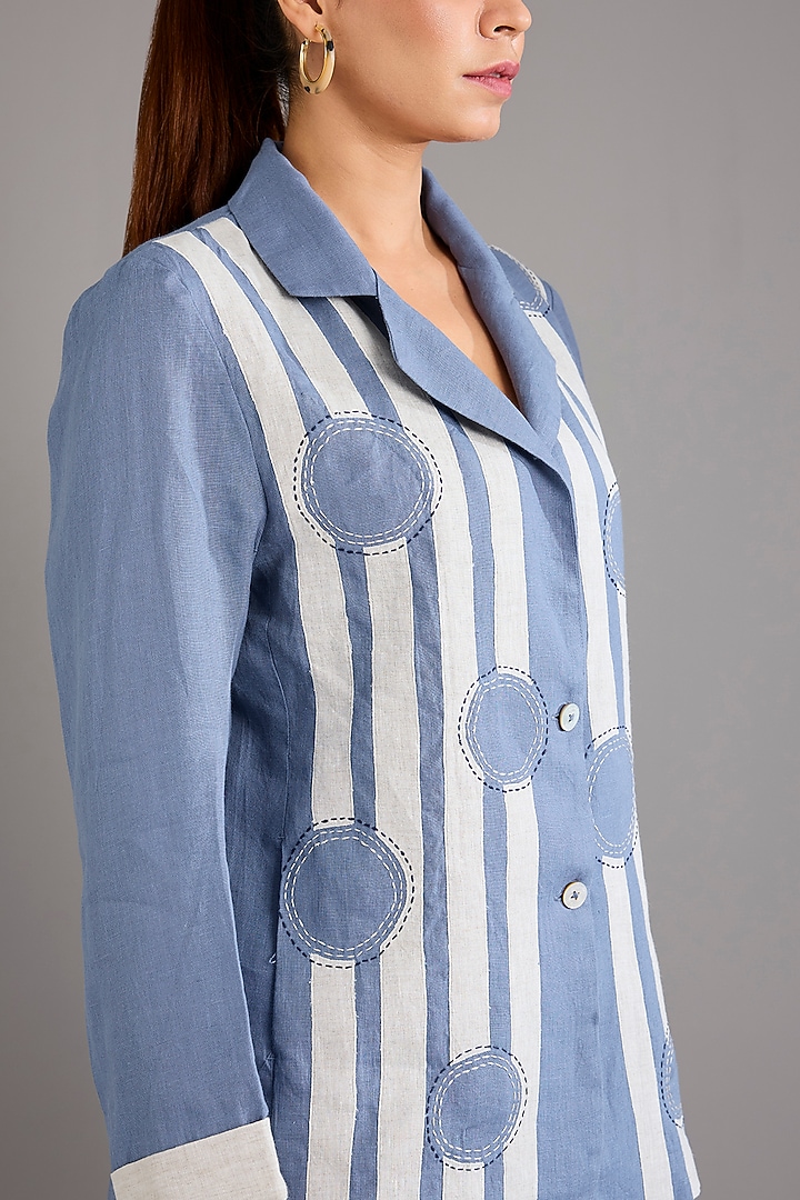 Mid Blue Linen Circle Embroidered Blazer by Linen Bloom at Pernia's Pop Up Shop