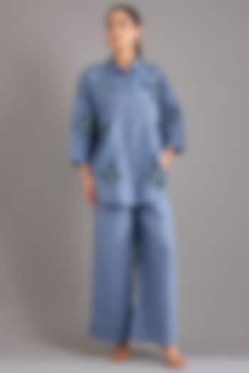 Mid Blue Linen Pants by Linen Bloom at Pernia's Pop Up Shop