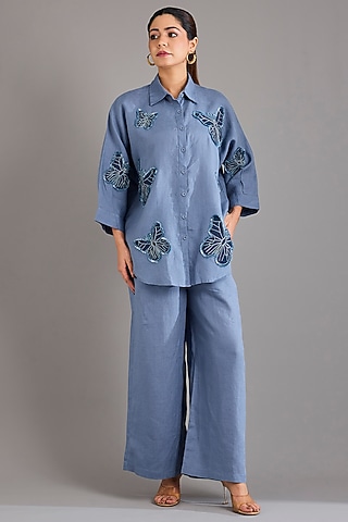 Mid Blue Linen Pants by Linen Bloom
