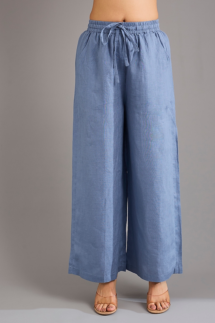 Mid Blue Linen Pants by Linen Bloom at Pernia's Pop Up Shop