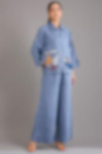 Mid Blue Linen Applique Embroidered Shacket by Linen Bloom at Pernia's Pop Up Shop