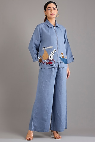 Mid Blue Linen Applique Embroidered Shacket by Linen Bloom