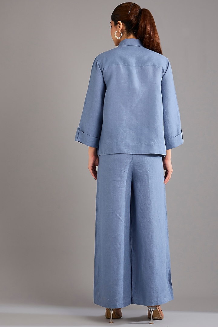Mid Blue Linen Applique Embroidered Shacket by Linen Bloom at Pernia's Pop Up Shop