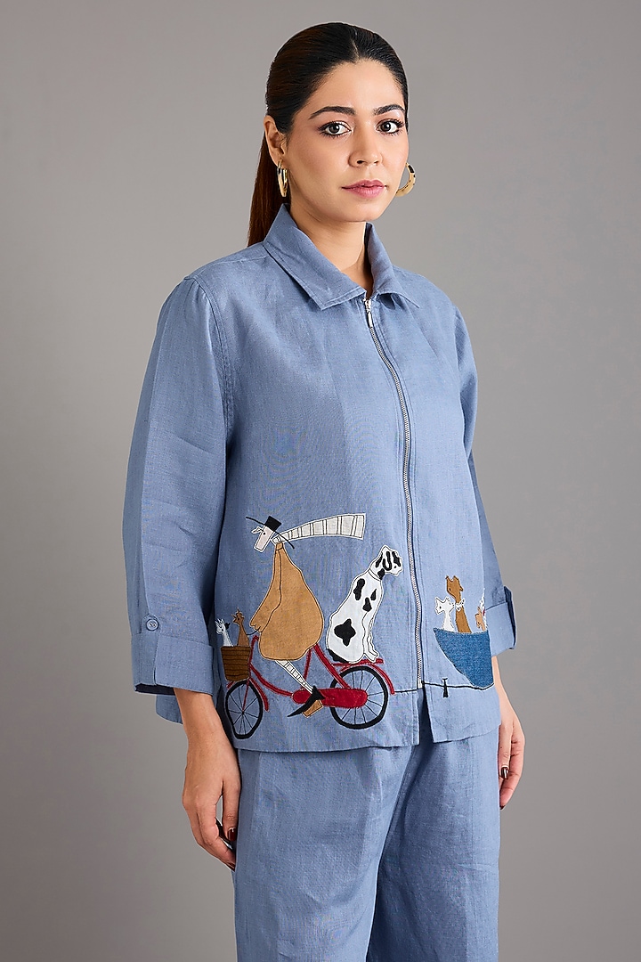 Mid Blue Linen Applique Embroidered Shacket by Linen Bloom at Pernia's Pop Up Shop